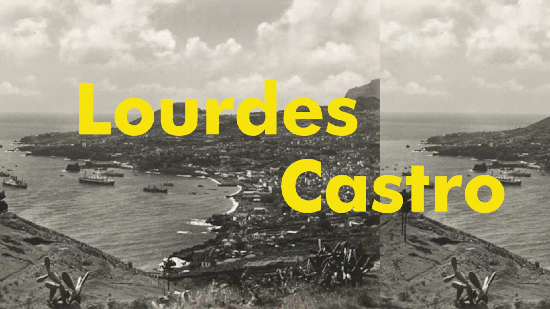 Image taken from the Lourdes Castro video with a photograph of the Madeira Island and name "Lourdes Castro" written in the center.